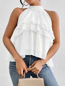 Blusa de gasa con volantes asimétricos y cuello suelto - Blanco - Ver 5