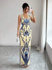 Exquisita bata de estilo retro de lujo con estampado de chinoiserie, cintura ceñida y abertura en el bajo, al estilo de Oriente Medio y los Emiratos Árabes Unidos - Multicolor 3 - Ver 4