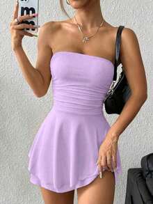 Vestido corto de escote palabra de honor con volantes y estampado de leopardo sexy - Morado - Ver 7