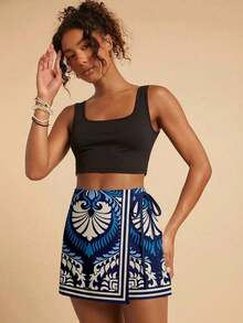 Pantalones Cortos de Playa Estilo Bohemio Casual para Vacaciones con Cintura de Lazo y Volantes para Mujer, Ropa de Otoño para Mujer, Ropa Tropical para Vacaciones, Conjuntos Bohemios, Conjuntos Estilo Ibiza, Estilo Occidental - Multicolor 2 - Ver 7