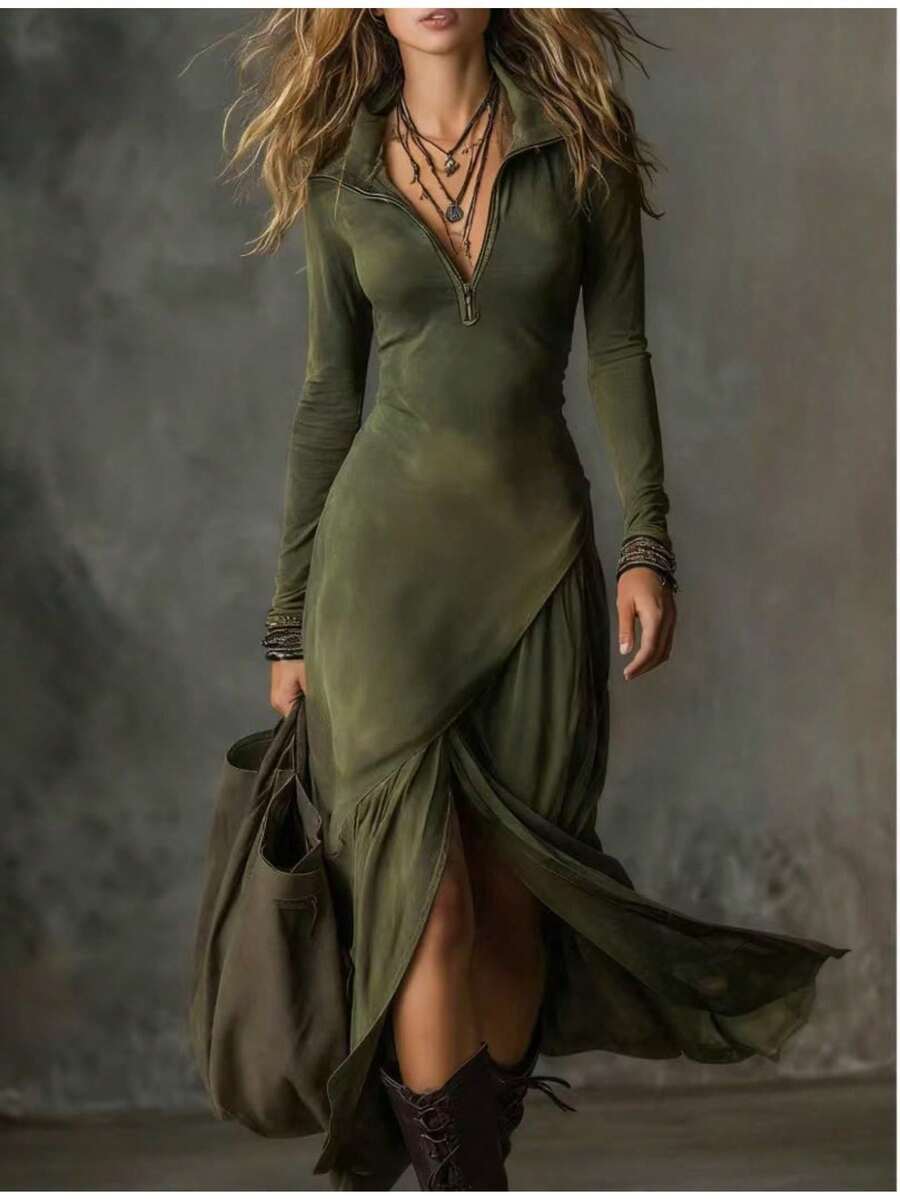 Vestido vintage con solapa y cremallera de ciervo del oeste - Verde Oliva - Ver 1