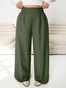 2026 Primavera/Verano Nuevos pantalones casuales para uso diario, fiestas, ir al trabajo, volver al colegio, citas, en casa, fiestas de cumpleaños, para múltiples ocasiones, con cintura elástica holgada, pernera ancha, color beige, talla grande - verde militar 2 - Ver 6