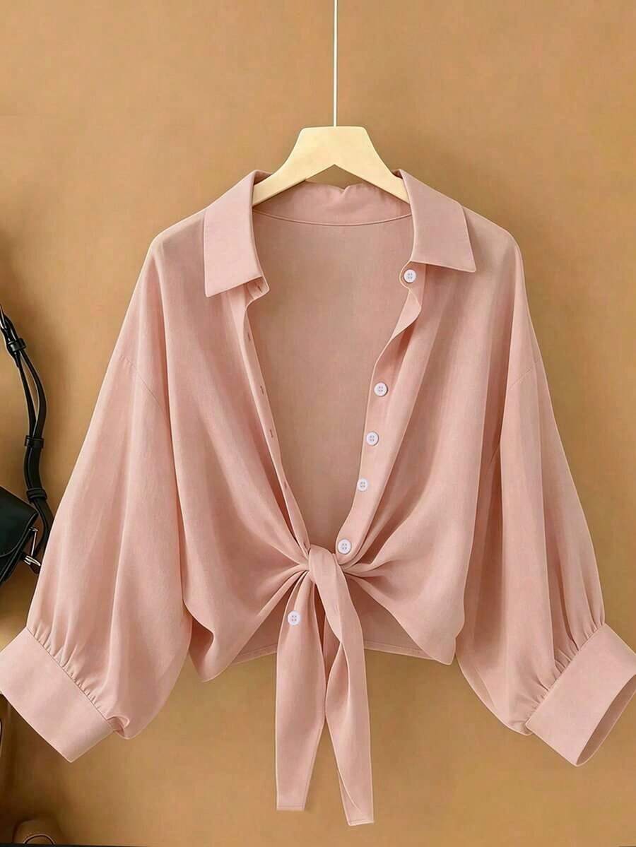 Nueva blusa informal de mujer de gasa de unicolor con mangas de murciélago cortas - Rosa vieja - Ver 1