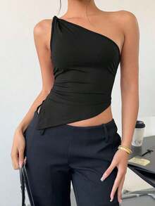 Top elegante de un hombro con un giro en color rojo burdeos delgado para mujer - Multicolor 2 - Ver 5