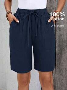 Bermudas, unicolor, con bolsillos laterales, corte holgado, longitud hasta la rodilla, cintura media, estilo básico - Azul marino - Ver 1