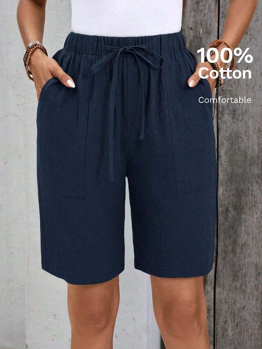 Bermudas, unicolor, con bolsillos laterales, corte holgado, longitud hasta la rodilla, cintura media, estilo básico - Azul marino - Ver 1