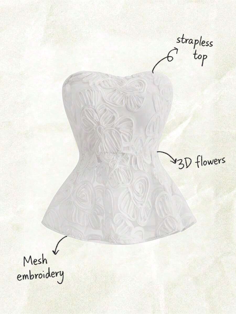Blusa elegante sin tirantes con cintura ceñida, volantes en el bajo, abertura lateral, cremallera oculta, tela de malla bordada en color albaricoque para mujer, primavera/verano - Blanco - Ver 1
