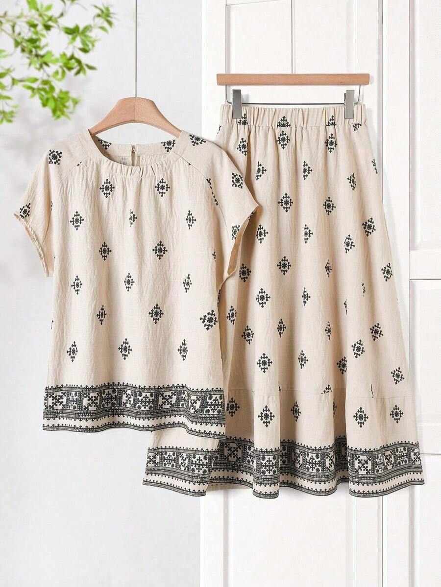 2 piezas Conjunto de top casual de unicolor + falda con estampado geométrico blanco y negro para vacaciones de mujer, Conjunto de ropa de verano para mujer, Conjunto de falda y top de verano, Conjunto de falda y top de mujer, Conjunto de falda - Multicolor 13 - Ver 1