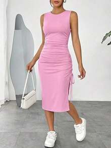 Vestido Sin Mangas De Punto De Albaricoque Ajustado Para Mujer - Rosa - Ver 4