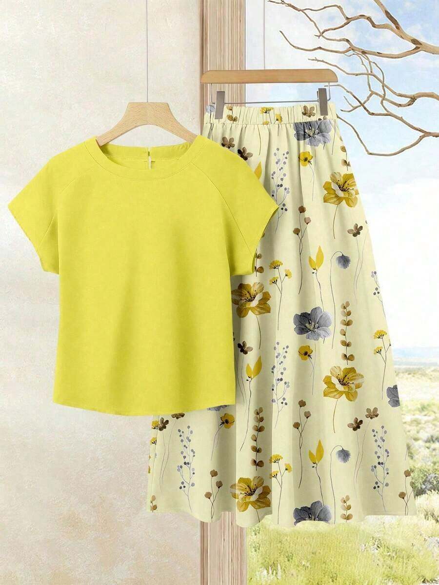 Set de 2 piezas Blusa de unicolor + Falda estampada con flores moradas de estilo casual de vacaciones para mujer, Conjunto de verano para mujer, Conjunto de falda y blusa, Conjunto de falda y blusa para mujer, Conjunto de falda estampada de pri - Multicolor 7 - Ver 1
