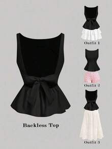 Top sin espalda con lazo y tirantes de barco en color rosa, ideal para vacaciones de verano, primavera/verano, Día de San Valentín, fiestas elegantes, ceremonias, vacaciones en la playa para mujeres, elegante, boda, estilo bohemio, top casual pa - Negro - Ver 1