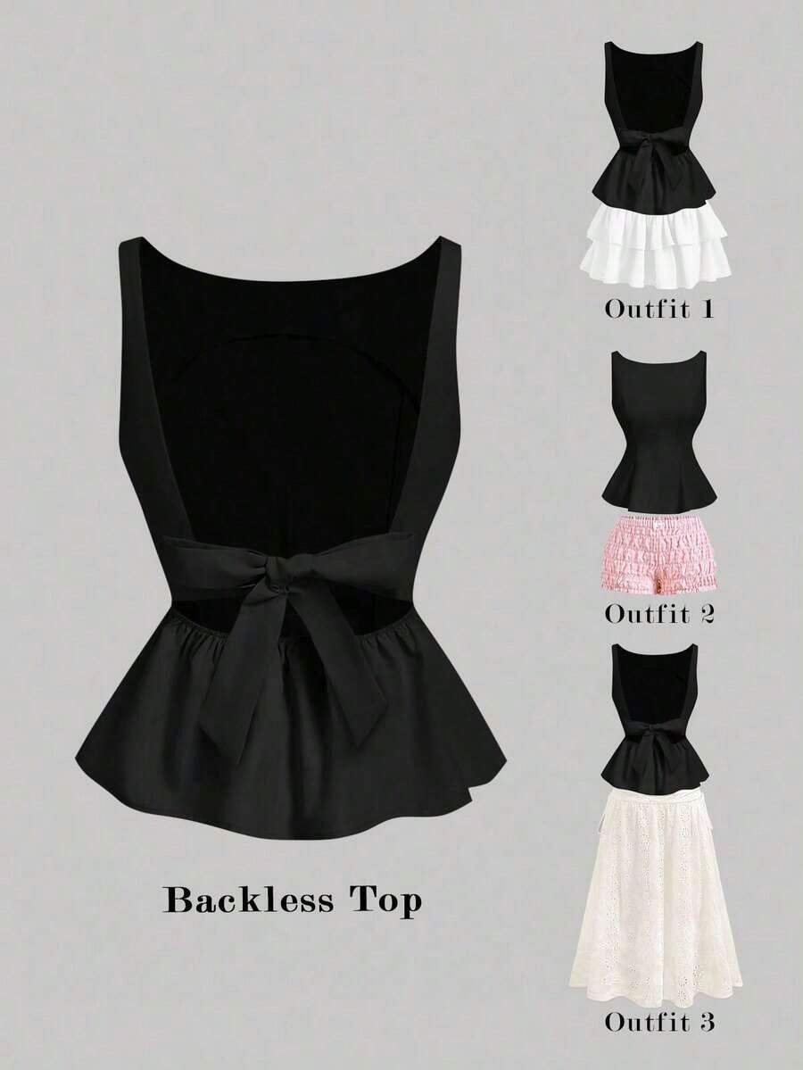 Top sin espalda con lazo y tirantes de barco en color rosa, ideal para vacaciones de verano, primavera/verano, Día de San Valentín, fiestas elegantes, ceremonias, vacaciones en la playa para mujeres, elegante, boda, estilo bohemio, top casual pa - Negro - Ver 1