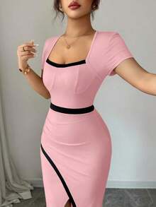 YHHRafferiza Nuevo vestido de Body ceñido con cuello cuadrado elegante y abertura en la cintura, estilo europeo y americano para mujeresYHH - Rosa Pálido - Ver 4
