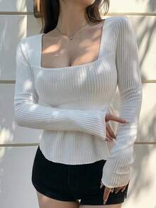 Blusa casual de mujer con cuello cuadrado, manga corta, silueta acampanada y tela texturizada, top sexy y lindo - Blanco - Ver 4