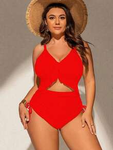 Traje de baño de una pieza para mujer de talla grande, de tela especial, escote en V profundo, tirantes ajustables, almohadillas extraíbles, volantes en el bajo, cintura con cordón, elegante y sexy, traje de baño casual para resort y playa - Rojo - Ver 3