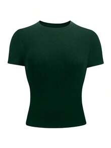 Camiseta ajustada de cuello redondo en color café talla grande para mujer - Verde Oscuro - Ver 3