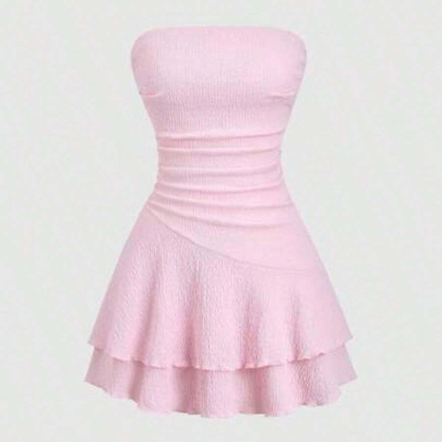 Y2K Sexy Crinkle Material Ruched Bandeau Dress - Rosa - Ver 1