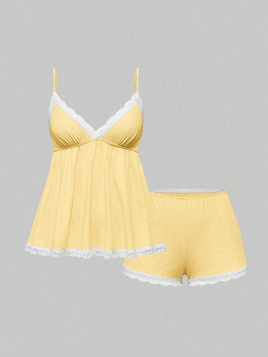 Conjunto de pijama casual de camiseta de tirantes acanalada y shorts con encaje - Amarillo - Ver 1