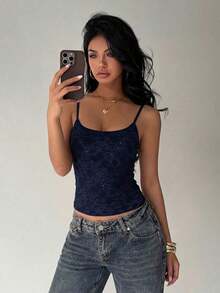 Camiseta de mujer nueva con encaje y aplicación de lentejuelas, ropa de calle sexy - Azul marino - Ver 7