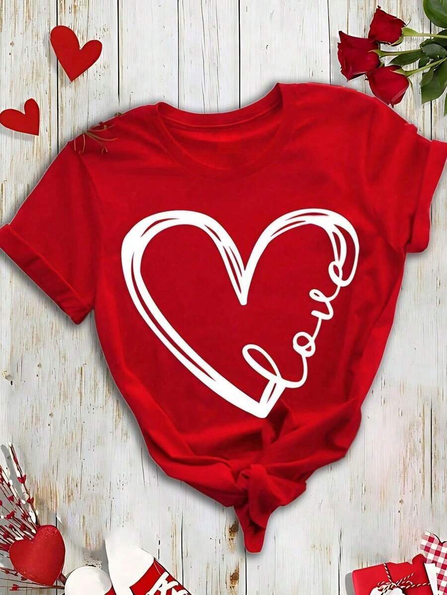 Women's Casual T-Shirt With Artistic Heart Print For Valentine's Day, New Year's Clothing, Graphic Tees For Women - 紅色的 - 查看 1