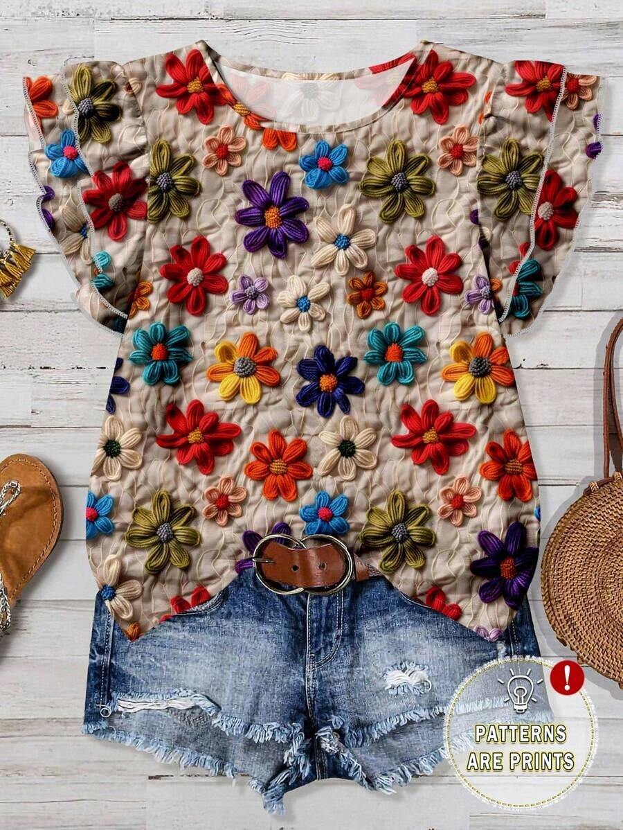 Blusa de mujer de cuello redondo y manga corta con estampado floral casual, adecuada para primavera/verano - Multicolor - Ver 1