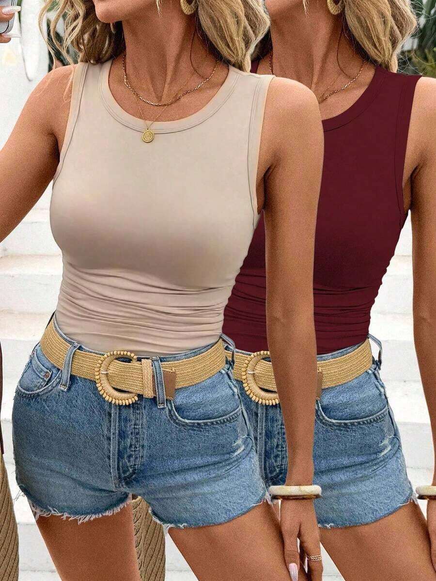 Set de 2 camisetas ajustadas de cuello redondo para mujer, casual, de vuelta al colegio - Multicolor 7 - Ver 1