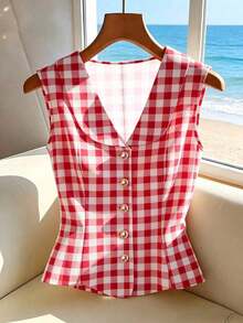 Blusa sin mangas elegante amarilla, top de verano elegante y estilizador para mujeres - Rojo 2 - Ver 6