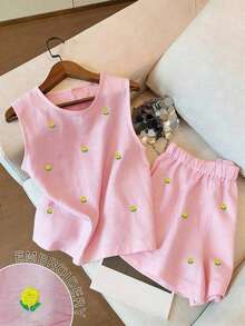 Conjunto de top de tirantes y shorts con bordado floral diminuto - Rosa - Ver 5