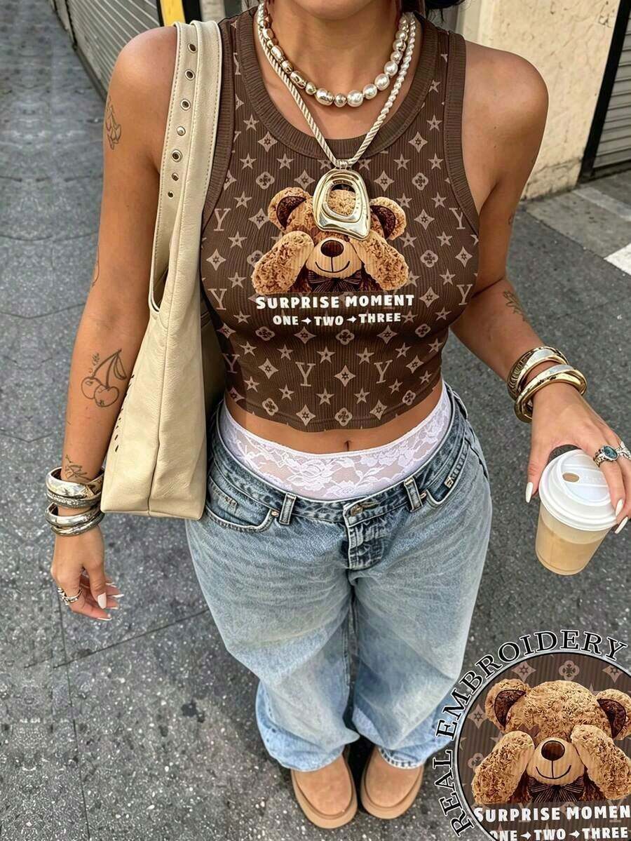 Chaleco de mujer/Blusa de bloques de color/Chaleco con estampado digital a rayas de perro salchicha y cachorro/Camiseta de tirantes acanalada/Blusa casual de moda de cuello redondo para mujer/Verano - Multicolor 2 - Ver 1