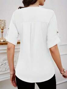 Clasi Blusa casual sencilla para uso diario con cuello redondo, manga corta y botones delanteros para mujer - Blanco - Ver 2