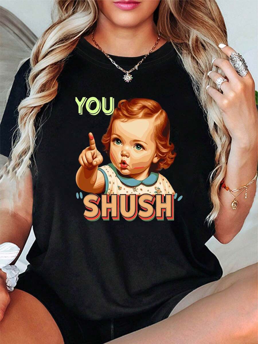 Fun And Playful Mexican Style, This Women's "YOU SHUSH" Graphic Print Crew Neck Short-Sleeve T-Shirt Is Perfect For Casual Outings, Holiday Gifts, Get-Togethers With Friends, Music Festivals, And Vacation Wear. A  Summer Cotton T-Shirt. - 黑色 - 查看 1