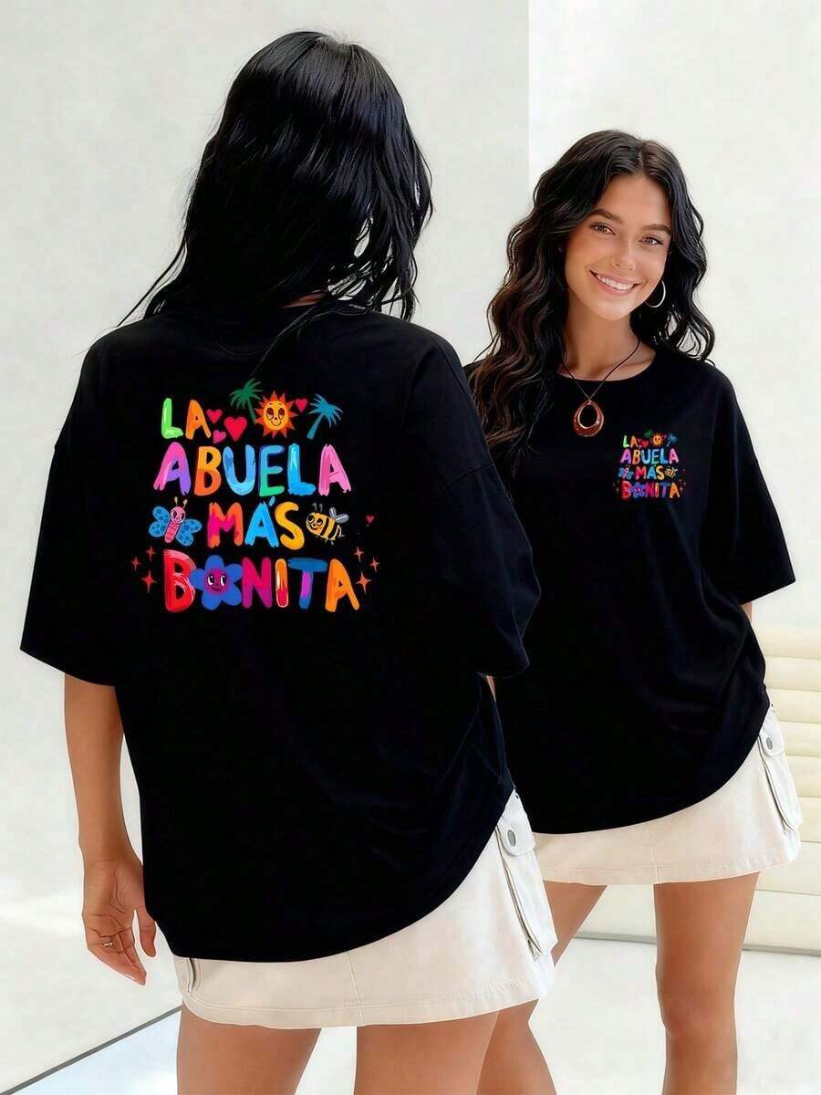 Colorful Lettering Spelling Out "Grandma" With A Smiling Sun, Flower, And Butterfly. Women's T-Shirt, 100% Cotton, Celebrating Family Love And The Joy Of Sharing Unique Moments. Suitable For Spring, Summer, And Autumn. - 黑色 - 查看 1