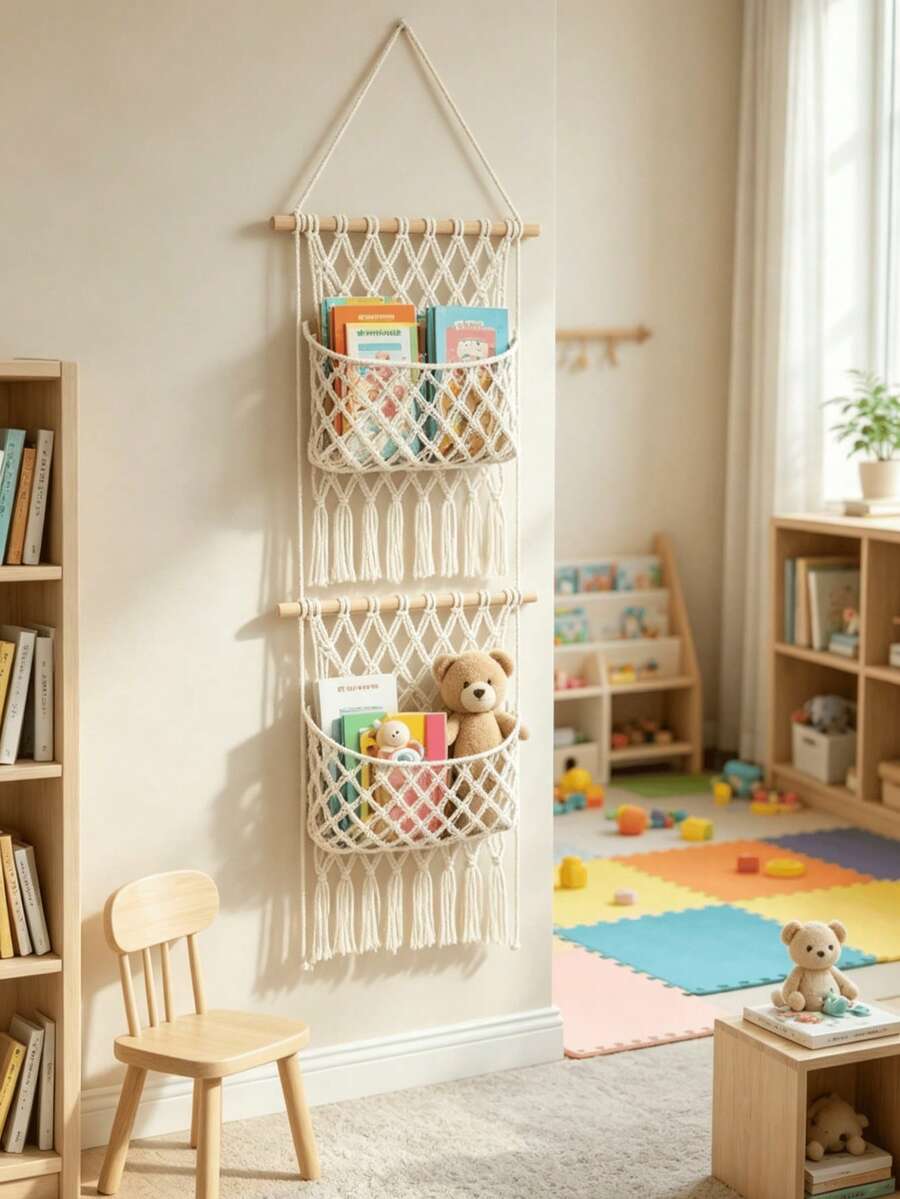 1pc Macrame Wall Hanging Storage Organizer - Handmade Rope Nursery Storage Bag For Plush Dolls And Baby Essentials, Suitable For Nursery - Storage Mesh Bag - View 1