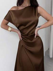 Vestido elegante asimétrico de hombro con pliegues y bajo de cola de sirena en color verde, adecuado para citas, vacaciones, bodas, eventos, regreso a la escuela, graduación, vestido de dama de honor formal, vestidos elegantes para mujer - Cafetería - Ver 4