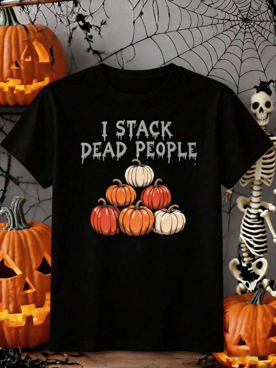 Women's T-Shirt, Inspired By "I Stack Dead People", With Pumpkin And Tombstone Design, Pooky Cute Style - Casual Summer T-Shirts For Women, 100% Cotton, Soft, Breathable, Loose Fit, Summer Clothes For Women, Urban Clothes, Outfit For Parties And Festivals, Suitable For Spring, Summer And Autumn. - 黑色 - 查看 1
