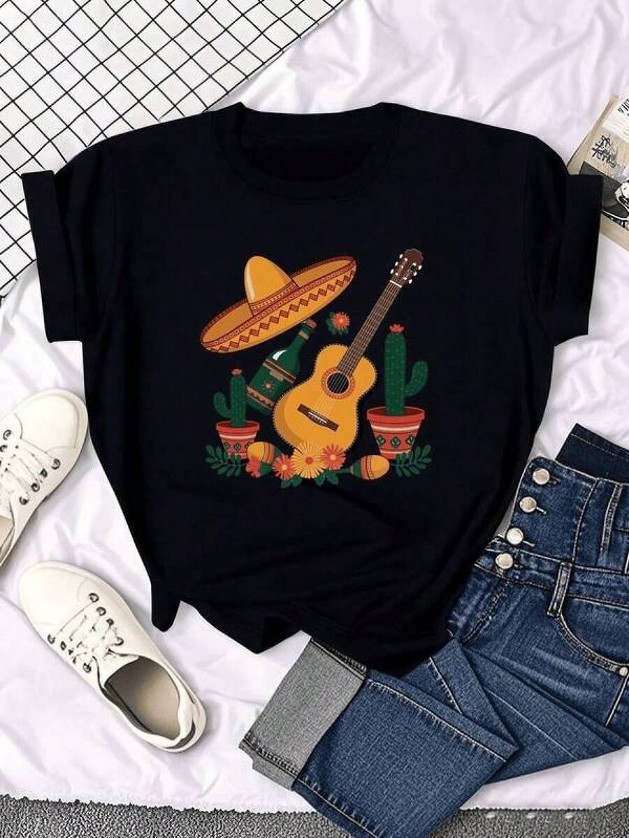 1pc Camisetas para mujer,Camisetas Para Hombre,cuello redondo,estilo urbano juvenil,estilo streetwear,diseño de moda callejera,ideal para uso informal diario - Negro - Ver 1