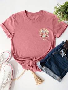 Plus Size - Plus Size - Cartoon Pill Bottle Design T-Shirt With Rainbow Letter Slogan, Casual Short Sleeve Crew Neck Top For Summer And Spring, Plus Size Women's Clothing - Rose - View 2