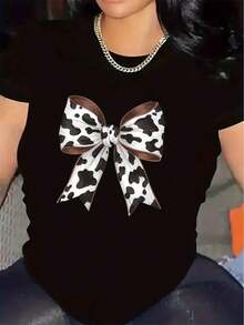 Short-Sleeved T-Shirt With Cow Print And Bow | Durable And Comfortable, Stylish Design For Casual Dinners, Soft Fabric, Ideal For Everyday Wear, Perfect For Indoor And Outdoor Environments, Round Neck, Medium Stretch Fabric. - 黑色 - 查看 7