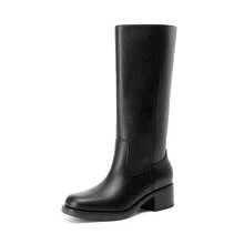 Women's Mid Calf Riding Boots Square Toe Retro Banana Boots Chunky Block Heel Pull-On Fashion Boots - Black - View 5