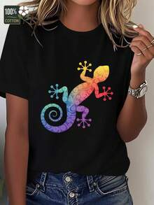 Comfortable Women's T-Shirt With Rainbow And Gecko Design, Made With - 黑色 - 查看 1