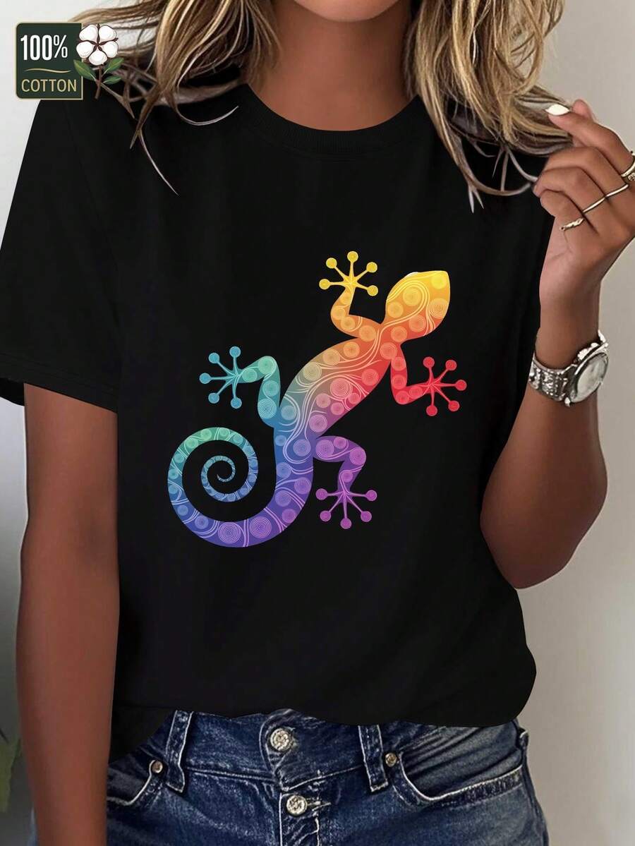Comfortable Women's T-Shirt With Rainbow And Gecko Design, Made With - 黑色 - 查看 1
