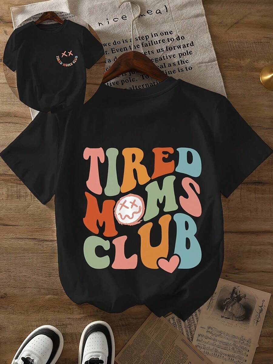 Camiseta estampada para mujer "Tired Mom Club", adecuada para uso casual diario. - Negro - Ver 1