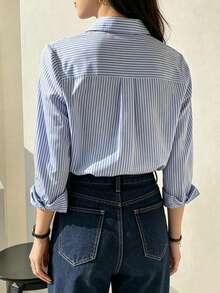 The Best Gift For Mother's Day: Teacher's Day Gift, Casual Striped Long-Sleeve Shirt With Waist Cinching, Suitable For Spring/Summer/Autumn, Long-Sleeve Tops, Teacher's Day Gift - 藍色 - 查看 3