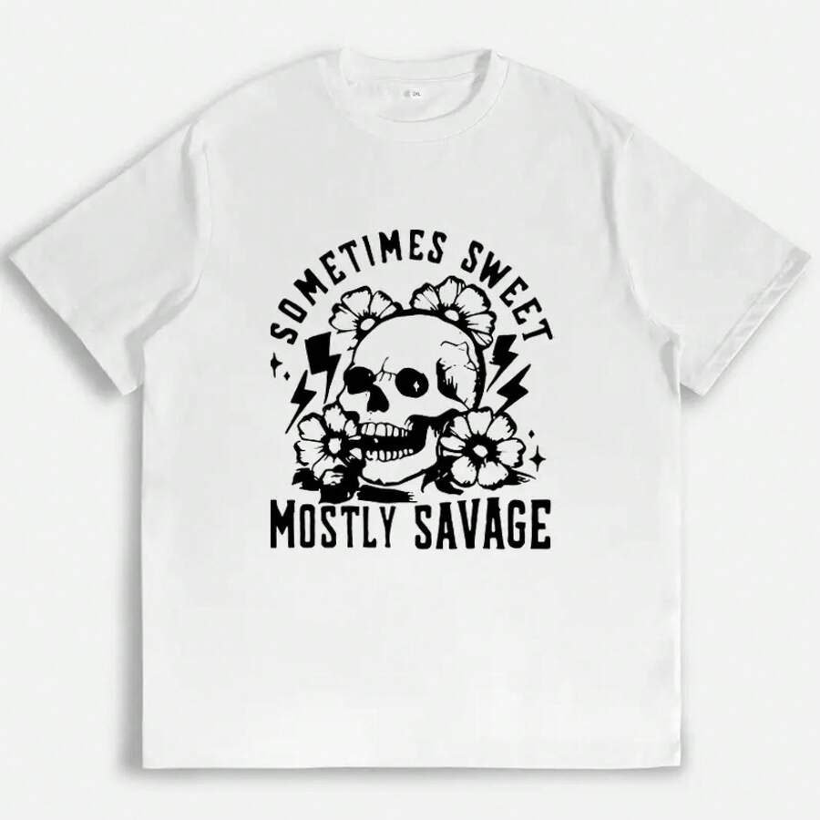 Camiseta de manga corta con cuello redondo para mujer - Algodón suave, estampado de calaveras, flores y rayos, diseño a veces dulce y a veces salvaje, top casual de verano para uso urbano, idea de regalo, manga corta. - Blanco - Ver 1