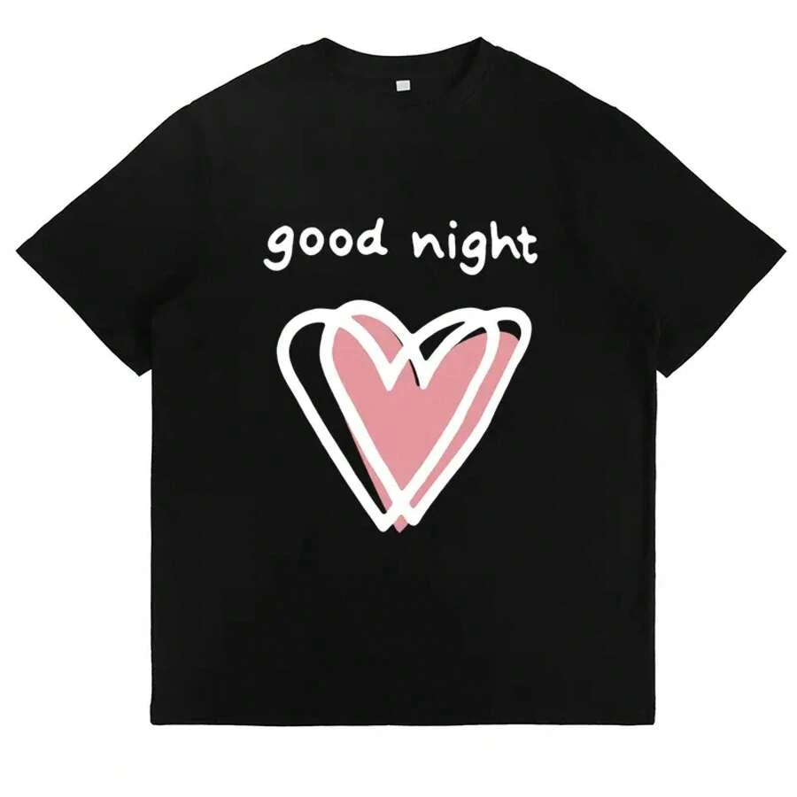 Pink And White 'Good Night' Heart Graphic T-Shirt, Cute, Stylish, Casual, With Modern Slogan, For Everyday Wear, Loungewear, Soft And Comfortable - 黑色 - 查看 1