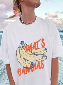 1 pieza de camiseta a la moda |   Slogan de plátano tropical, estampado de moda para regalo de vacaciones, estampado cómodo, cuello redondo, manga corta, unisex, ropa de diseñador, estilo casual, corte regular, 180g 100% algodón. - Blanco - Ver 7