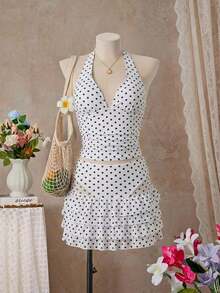 Women's Sexy Polka Dot Print Tie-Neck Tankini Swimsuit With Open Back, Suitable For The Beach And Vacation - 黑白 - 查看 12
