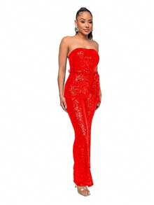 New Women's Jumpsuit, Hot Style, Sleeveless, Sequined, Backless, With Ribbons, Tube Top, Sexy Design, Perfect For Photoshoots, Nightclubs, Parties And Evening Looks - 紅色 - 查看 2