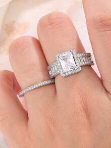Luxury Sparkling Square Geometric Cubic Zirconia 2 Pieces Ring Set, Jewelry Gift For Men & Women - White - View 5