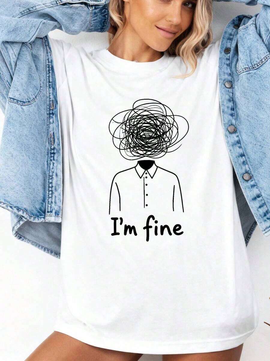 Sudadera Casual de Cuello Redondo para Mujer con Estampado "I'm Fine-1Pure-Cotton" - Blanco 1 - Ver 1